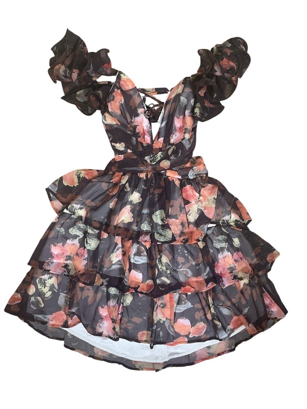 Terani Couture Floral Chiffon Ruffle V-Neck Lace Back Babydoll Mini Dress S
